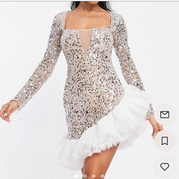 ASOS Dresses & Skirts - Asos Luxe Sequin Long Sleeve Nude gold sequin white tulle hem dress size 14
